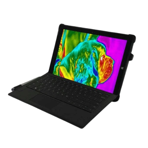 Tablet with a black keyboard cover displaying a colorful thermal imaging image on a white background