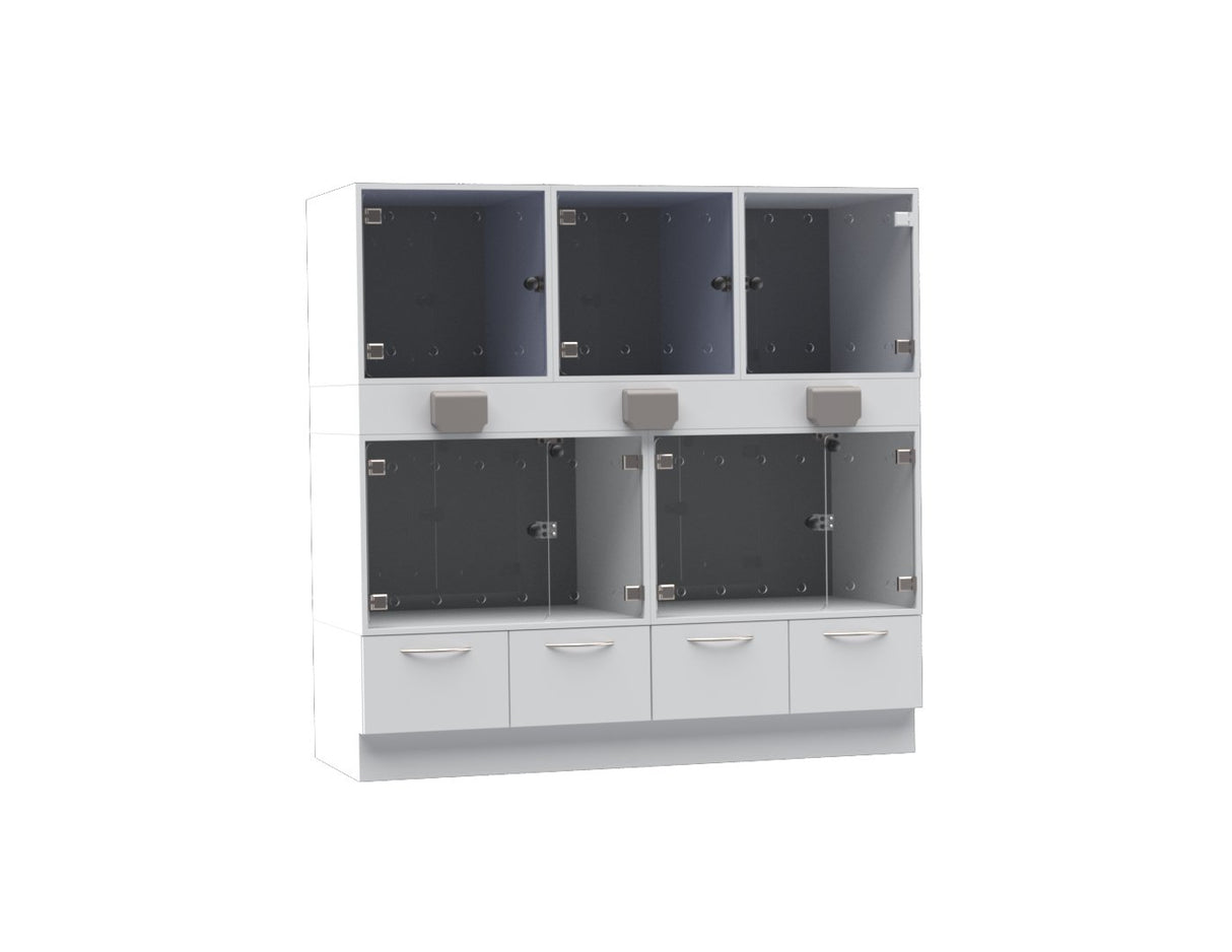 Cat Friendly Cage Bank – 3 × Single, 2 × Double Cages (With 2 × Double Drawer Unit & Power Strip)