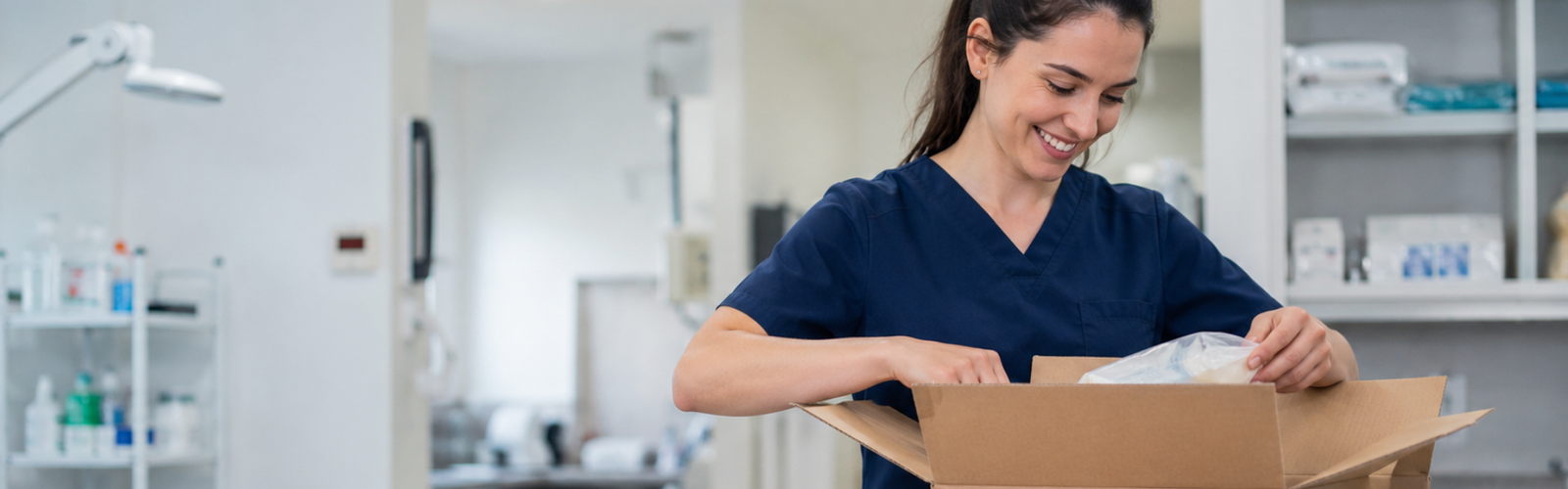 Vet nurse unpacking delivery box from Pioneer Veterinary Products.