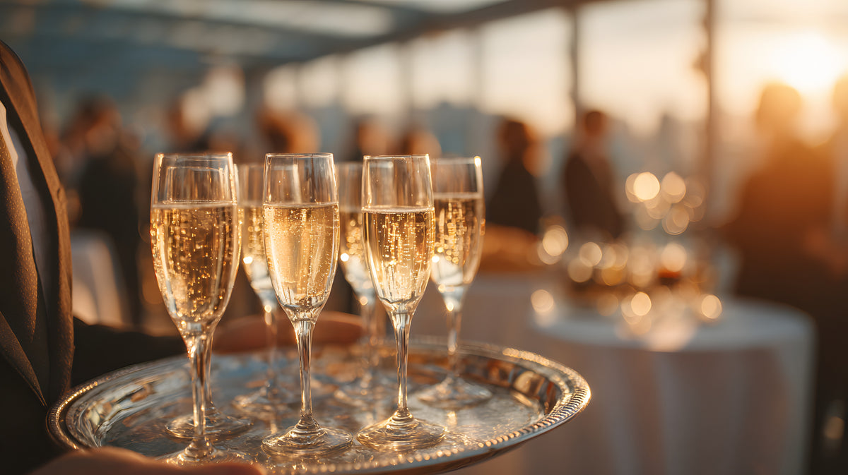 Champagne glasses on a silver tray