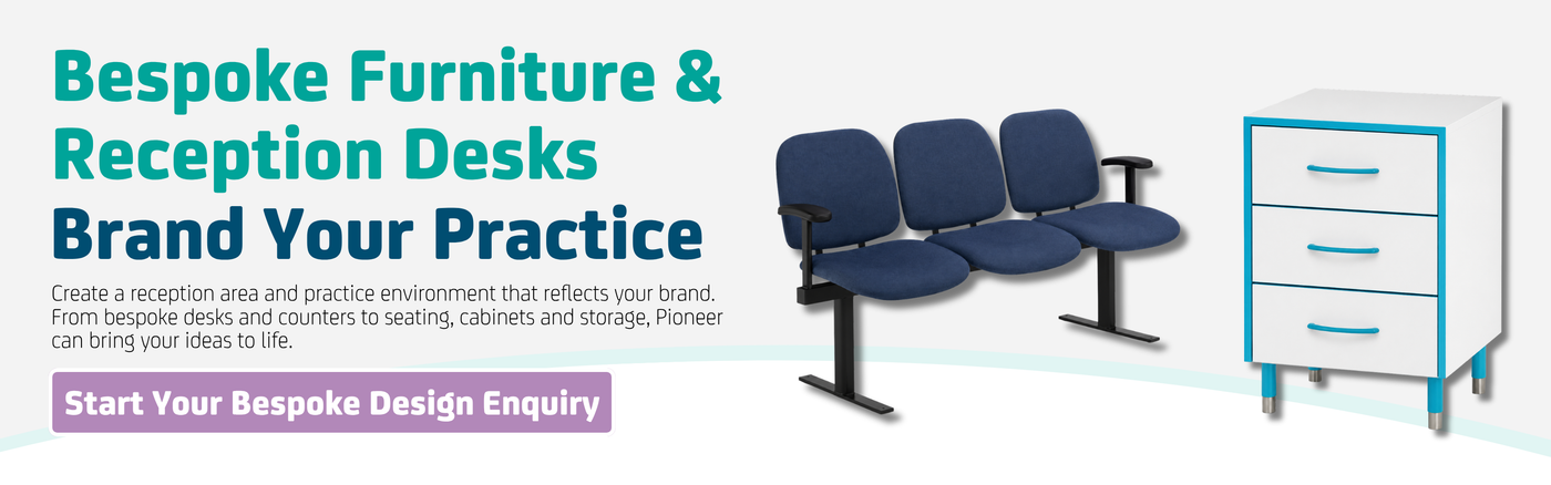 Advertisement for bespoke furniture and reception desks with a chair and desk on a white background.