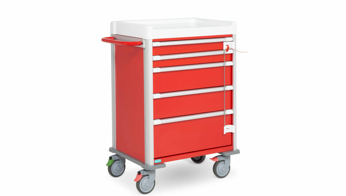 Clini-Cart Secure Hospital Trolley – 5 Drawer, Red